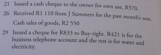 21 Issued a cash cheque to the owner for own use, R570. 26 Received Ri 110 from J Summers for the past months rent. Cash sal