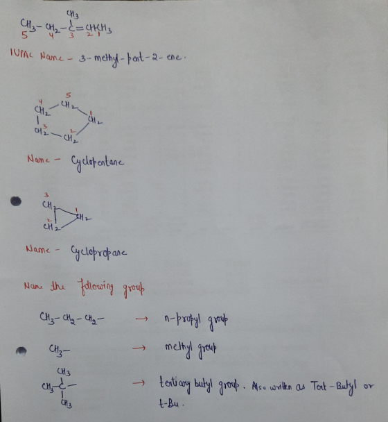 3 Hy h le contents TUPAC Name - 3-methyl-pent-2-ene. che le ڈال کر Name - Cyclopentane Name - Cyclopropane Name the following