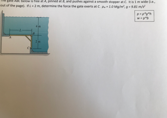 The gate ABC below is free at A, pinned at B, and pushes against a smooth stopper at C. It is 1 m wide (i.e., out of the page