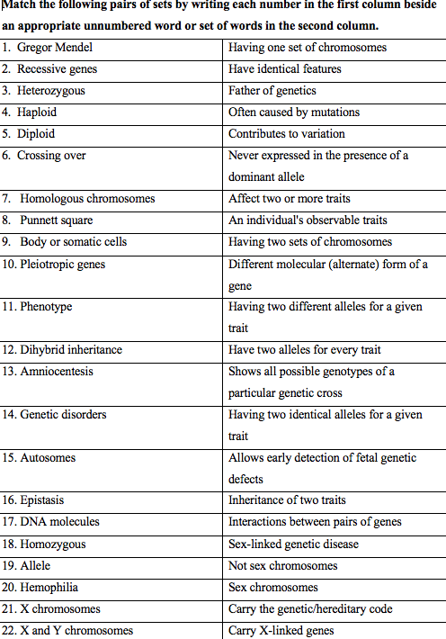 Match the following pairs of sets by writing each number in the first column beside an appropriate unnumbered word or set of