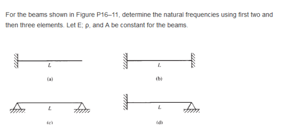 For the beams shown in Figure P16-11, determine the natural frequencies using first two and then three elements. Let E; ρ, an