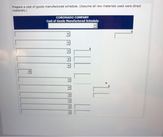 Prepare a cost of goods manufactured schedule. (Assume all raw materials used were direct materials.) CORONADO COMPANY Cost o
