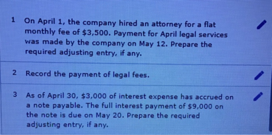 On April 1, the company hired an attorney for a flat monthly fee of $3,500. Payment for April legal services was made by the