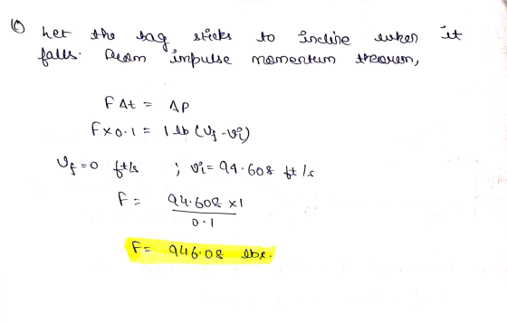 it het the bag falls. Delm sticks to incline inpulse nanesten when theoren, F At = AP Fx0.15 lb cus-VY) い Uf =0 fthe ; vi= 94
