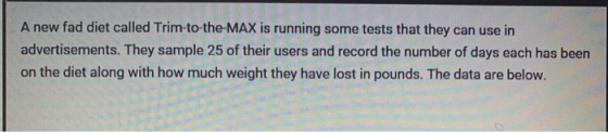 A new fad diet called Trim-to-the-MAX is running some tests that they can use in advertisements. They sample 25 of their user