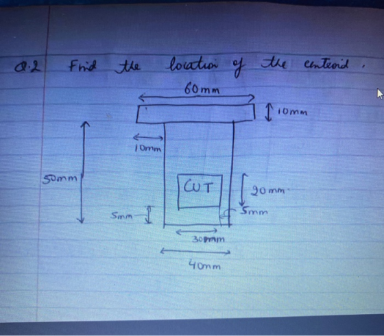 Find the location of the centeoid 60mm جے 10mm Omm Somm ICUT 20mm Sum I a 5mm 30 mm 40mm