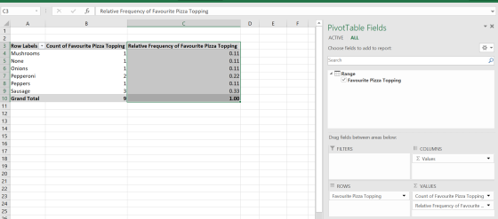 C3 Relative Frequency of Favourite Pizza Topping A B D E F PivotTable Fields X ACTIVE ALL Choose fields to add to report: Sea