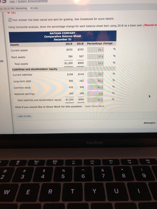 Help System Announcements : 02:31 PM / Remaining 80 min ZYour answer has been saved and sent for grading. See Gradebook for s