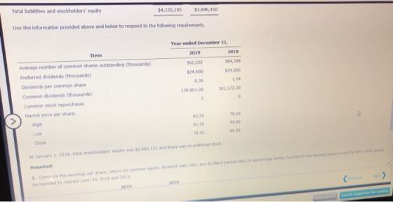 Total liabilities and stockholders equity $4,135,105 $3,846,450 Use the information provided above and below to respond to t