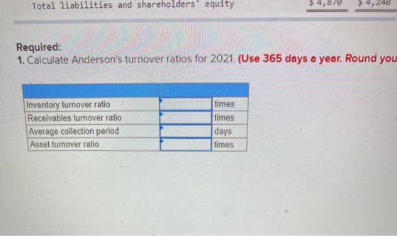 Total liabilities and shareholders equity $ 4,870 $ 4,249 Required: 1. Calculate Andersons turnover ratios for 2021. (Use 3