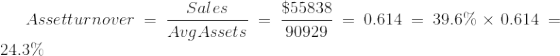 Asset turnover=\frac{Sales}{AvgAssets}=\frac{\$55838}{90929}=0.614=39.6\%\times0.614=24.3\%
