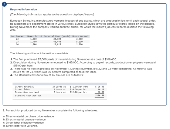Required information [The following information applies to the questions displayed below.] European Styles, Inc. manufactures