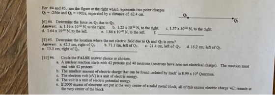 For 4 and 5, use the figure at the right which represents two point charges Q.--256e and Q. - +902e, separated by a distance