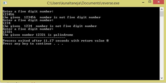C:\Users\ kunaltaneja\ Documents reverse.exe Enter a five digit number: 123456 the gie 123456 number is not five digit number