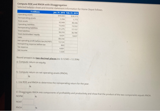 40,346 Compute ROE and RNOA with Disaggregation Selected balance sheet and income statement information for Home Depot follow