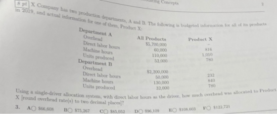 e Concepts st X Company has to production departments, A and B. The in 2019. and actual information for one of them. Product