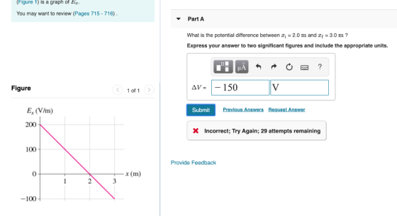 (Figure 1) is a graph of E You may want to review (Pages 715 - 716) Part A What is the potential difference between 2.0 m and