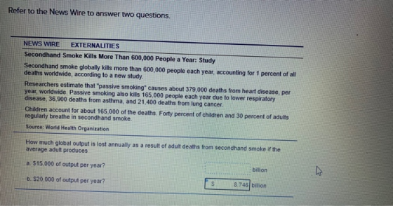 Refer to the News Wire to answer two questions NEWS WIRE EXTERNALITIES Secondhand Smoke Kills More Than 600,000 people a Year