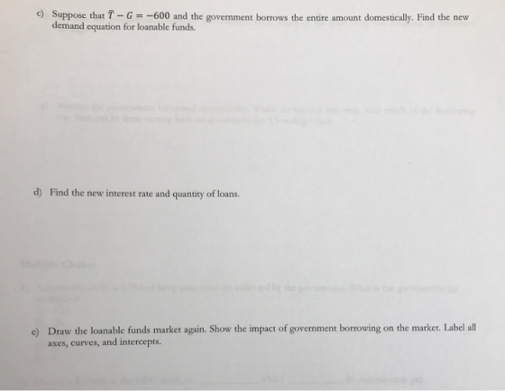 c) Suppose that T-G= -600 and the government borrows the entire amount domestically. Find the new demand equation for loanabl