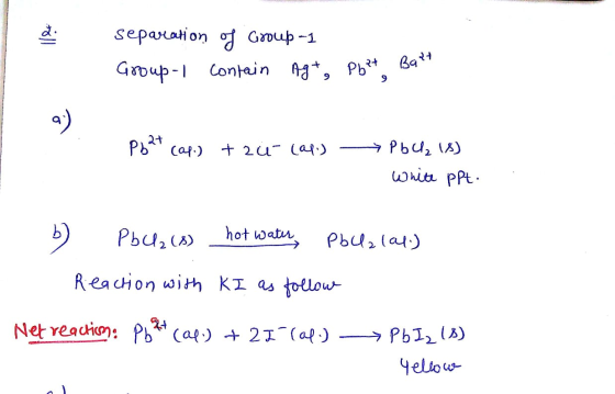 separation of Group-1 Group-1 contain Ag+, Pb2t Batt Pbat cap.) +zu (ap) PbCl₂ (8) White ppt. b) PbCl2 (8) hot water pbla (21