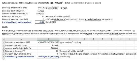 When compounded biweekly, Biweekly Interest Rate -(1+ APR/26)25 -1] / 26 (As there are 26 biweeks in a year) 0.4037% [( (1 +