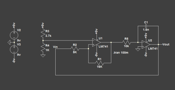 C1 1.6n R3 3.7k V2 R5 10k tran 100m U1 U2 out 9V V3 R4 R2 LM741 LM741 Vin 1K 5K 9V R1 16K