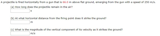A projectile is fired horizontally from a gun that is 66.0 m above flat ground, emerging from the gun with a speed of 250 m/s