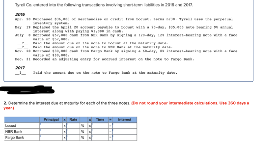 Tyrell Co. entered into the following transactions involving short-term liabilities in 2016 and 2017. 2016 Apr. 20 Purchased
