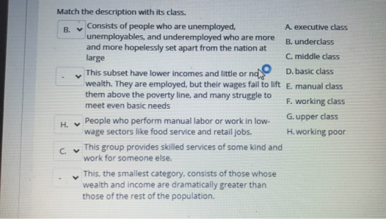 BV O Match the description with its class. Consists of people who are unemployed, A executive class unemployables, and undere