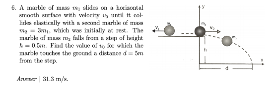 6. A marble of mass mı slides on a horizontal smooth surface with velocity vo until it col- lides elastically with a second marble of mass m2-Зап1, which was initially at rest. The marble of mass m2 falls from a step of height h - 0.5m. Find the value of vo for which the marble touches the ground a distance d- 5m from the step V. Answer | 31.3 m/s.