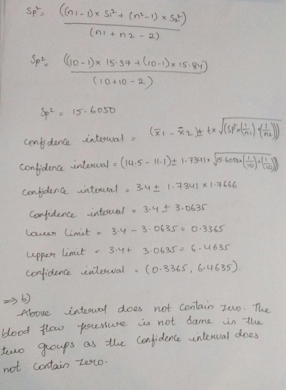 Spr - ((61-1x S + (r2_1) x S) (ol+n2 - 2) Sp² (10-1) 15.37 +(10-1)× 15.84) (10+10-2) Sp2 - 15.6050 confidence interwas = (x -