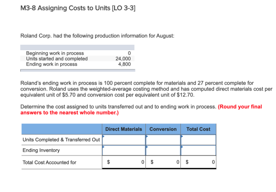M3-8 Assigning Costs to Units [LO 3-3] Roland Corp. had the following production information for August: Beginning work in pr