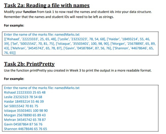 Task 2a: Reading a file with names Modify your function from task 1 to now read the names and student ids into your data stru