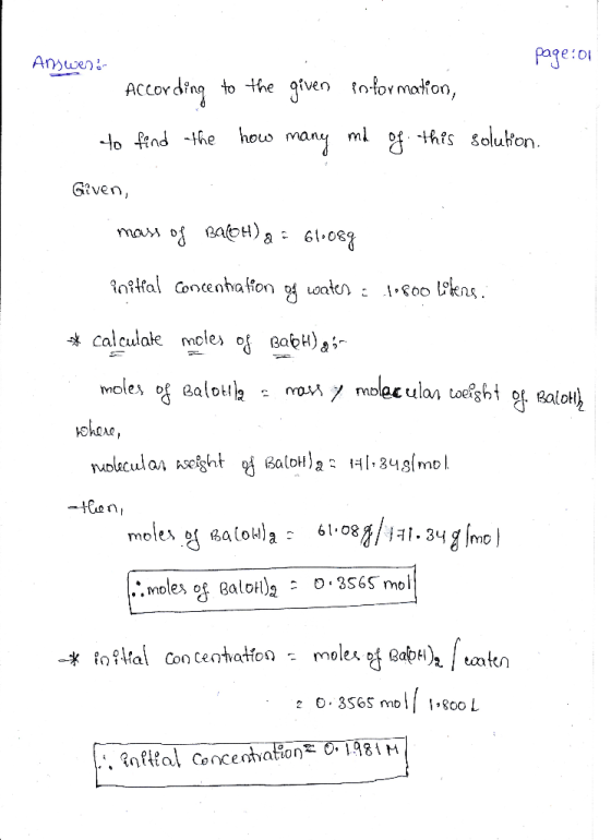 page:o Answen ACCording to the given tntormafon, this solukon how ml many o nd he Gaven, mars of BaoH)a 61.083 infal Concenta