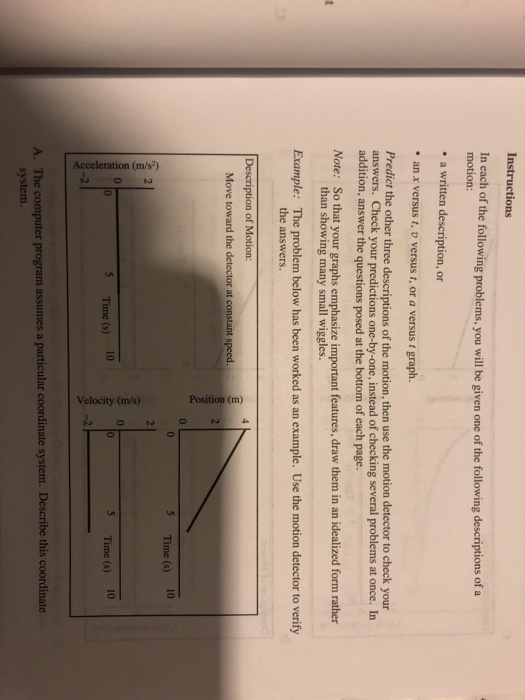 Instructions In each of the following problems, you will be given one of the following descriptions of a motion: a written description, or an x versus t, v versus t, or a versus t graph. Predict the other three descriptions of the motion, then use the motion detector to check your answers. Check your predictions one-by-one, instead of checking several problems at once. In addition, answer the questions posed at the bottom of each page. Note: So that your graphs emphasize important features, draw them in an idealized form rather than showing many small wiggles. Example: The problem below has been worked as an example. Use the motion detector to verify the answers. Move toward the 5 Time (s) 10 Time (s) 10 0 5 Time (s) A. The computer program assumes a particular coordinate system. Describe this coordinate system