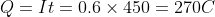 Q = It = 0.6 × 450 = 270c