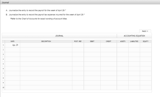 Journal A. Journalize the entry to record the payroll for the week of April 29.* B. Journalize the entry to record the payrol
