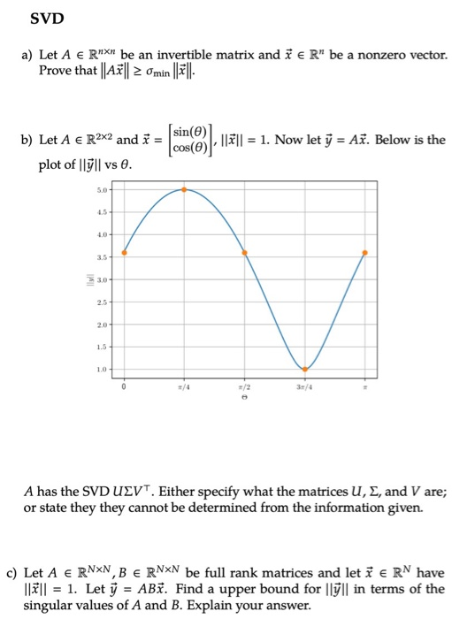 SVD a) Let A E RX be an invertible matrix and i ER be a nonzero vector. Prove that ||A7|| 2 min ||- b) Let A € R2X2 and 1 =