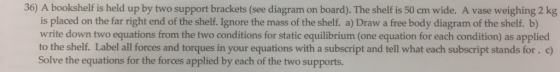 36) A bookshelf is held up by two support brackets