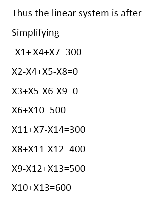 Thus the linear system is after Simplifying X1+ X4+X7-300 X2-X4+X5-X8-0 X3+X5-X6-X9-0 X6+X10 500 X11+X7-X14-300 X8+X11-X12-40