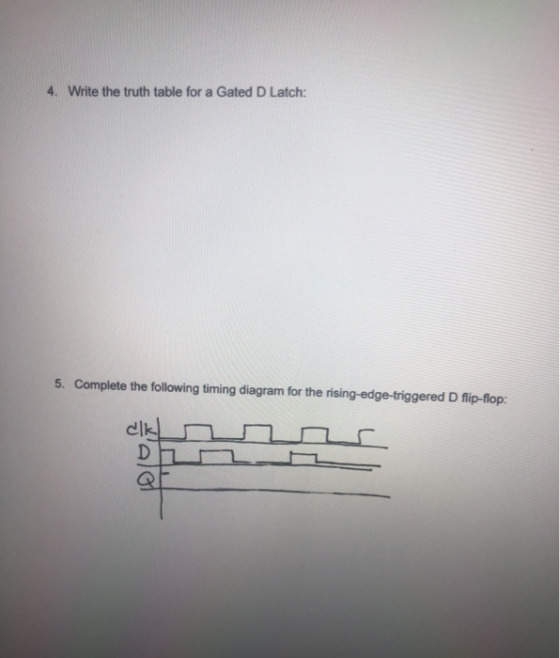 4. Write the truth table for a Gated D Latch: 5. Complete the following timing diagram for the rising-edge-triggered D flip-f