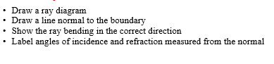 • Draw a ray diagram • Draw a line normal to the boundary Show the ray bending in the correct direction • Label angles of inc