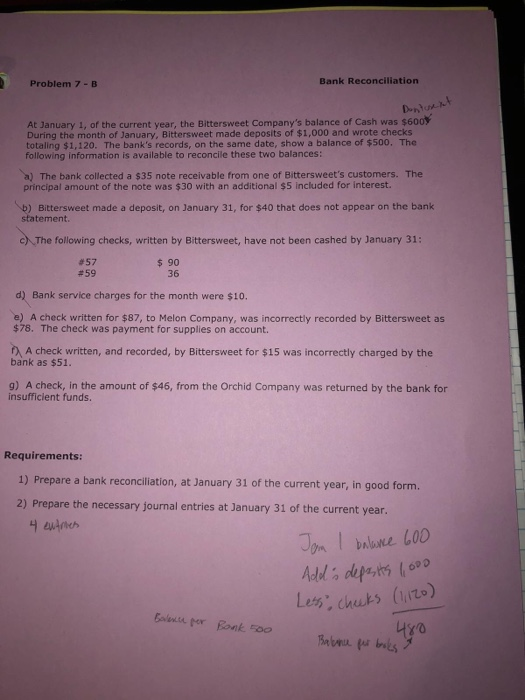 Problem 7-B Bank Reconciliation Dontuant At January 1, of the current year, the Bittersweet Companys balance of Cash was $60