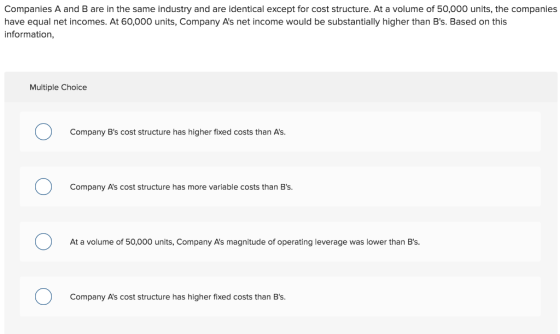 Companies A and B are in the same industry and are identical except for cost structure. At a volume of 50,000 units, the comp
