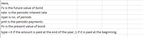 Here, Fv is the future value of bond rate is the periodic interest rate nper is no. of periods pmt is the periodic payments P