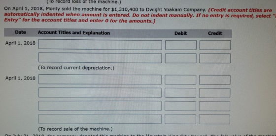 (lo record loss of the machine.) On April 1, 2018, Monty sold the machine for $1,310,400 to Dwight Yoakam Company. (Credit ac