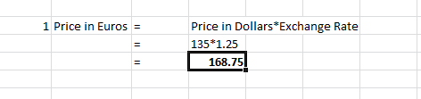 1 Price in Euros = Price in Dollars*Exchange Rate 135*1.25 168.751