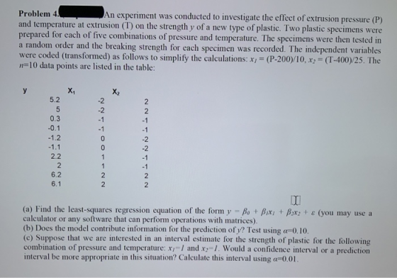 Problem 4 An experiment was conducted to investigate the effect of extrusion pressure (P) and temperature at extrusion (T) on