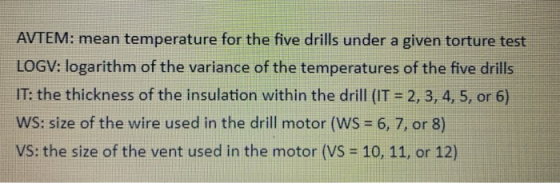AVTEM: mean temperature for the five drills under a given torture test LOGV: logarithm of the variance of the temperatures of