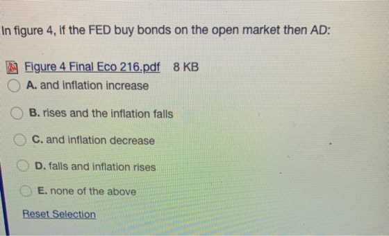 In figure 4, if the FED buy bonds on the open market then AD: Figure 4 Final Eco 216.pdf 8 KB A. and inflation increase B. ri